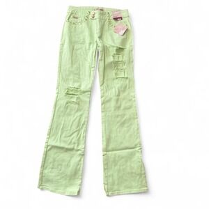 Y2K Neon Geeen Low Rise Studded Ripped Flare Jeans
